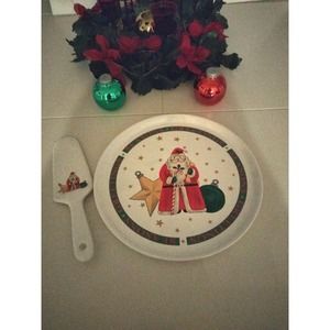 Vintage 1994 Limited Edition S.H.I. Japan Santa Stoneware Cake Plate/Server- 11"